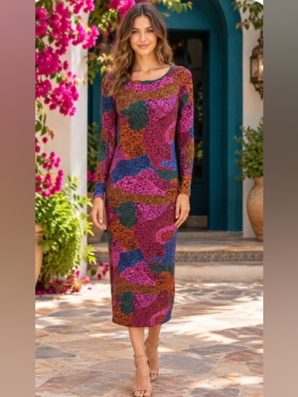 FARM Rio Rainbow Mix Multicolor Abstract Long Sleeve Midi Dress NWOT Small